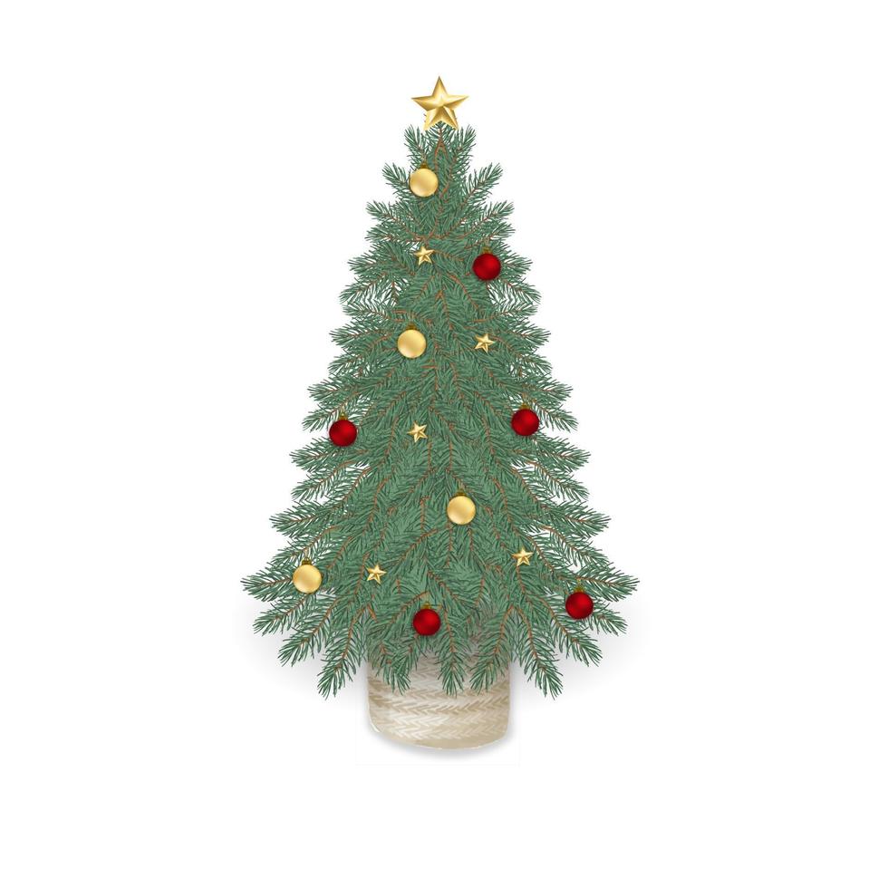 Optimisme Toevallig Verlichten vintage kerstboom met kerstversiering - ornamenten, sterren, slingers,  ballen in rieten mand. vrolijk kerstfeest en een gelukkig nieuwjaar.  4265690 Vectorkunst bij Vecteezy
