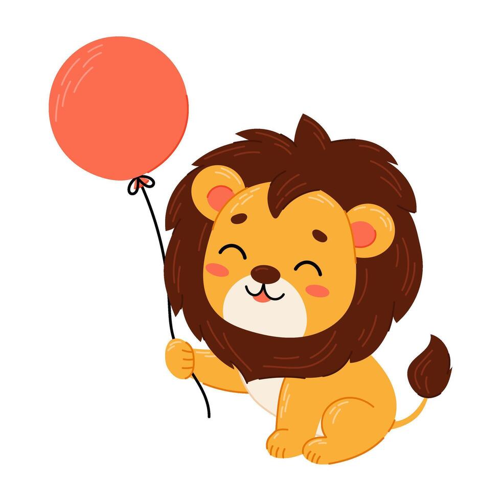 schattig glimlachen leeuw welp met een bal. leeuw in vlak stijl. grappig kinderen karakter. wild dieren. vector