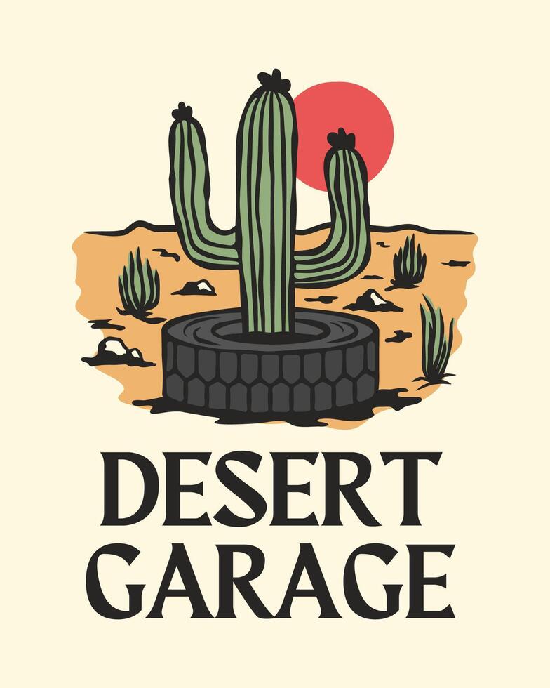 wijnoogst cactus in de woestijn illustratie met garage woestijn typografie ontwerp voor afdrukken. vector