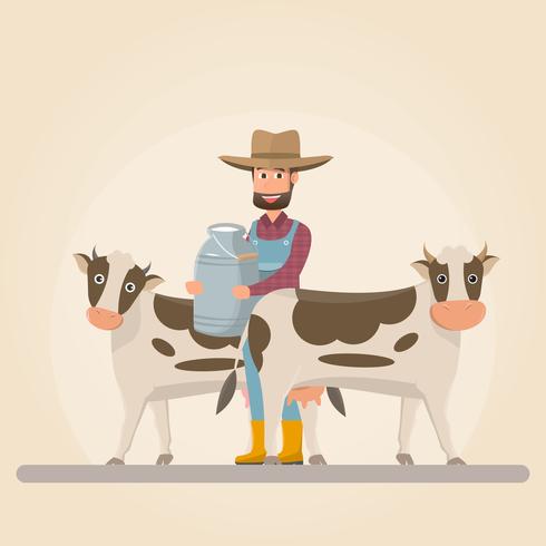boer stripfiguur met melk koe in biologische boerderij op het platteland vector