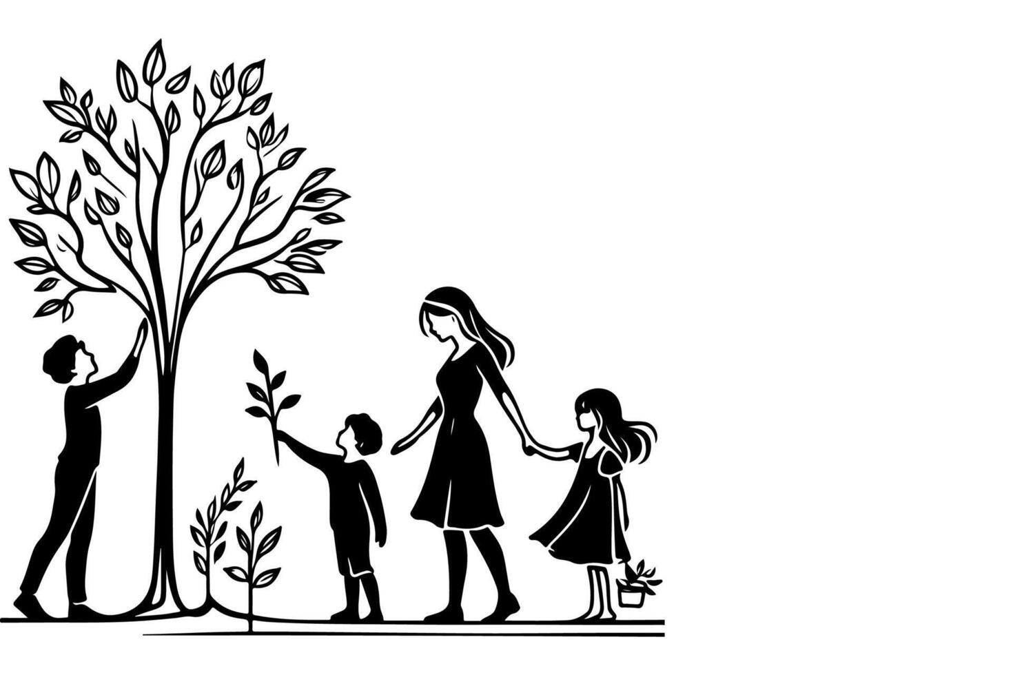 doorlopend een zwart lijn kunst tekening silhouetten van gelukkig familie Holding de handen met boom vector illustratie Aan wit achtergrond