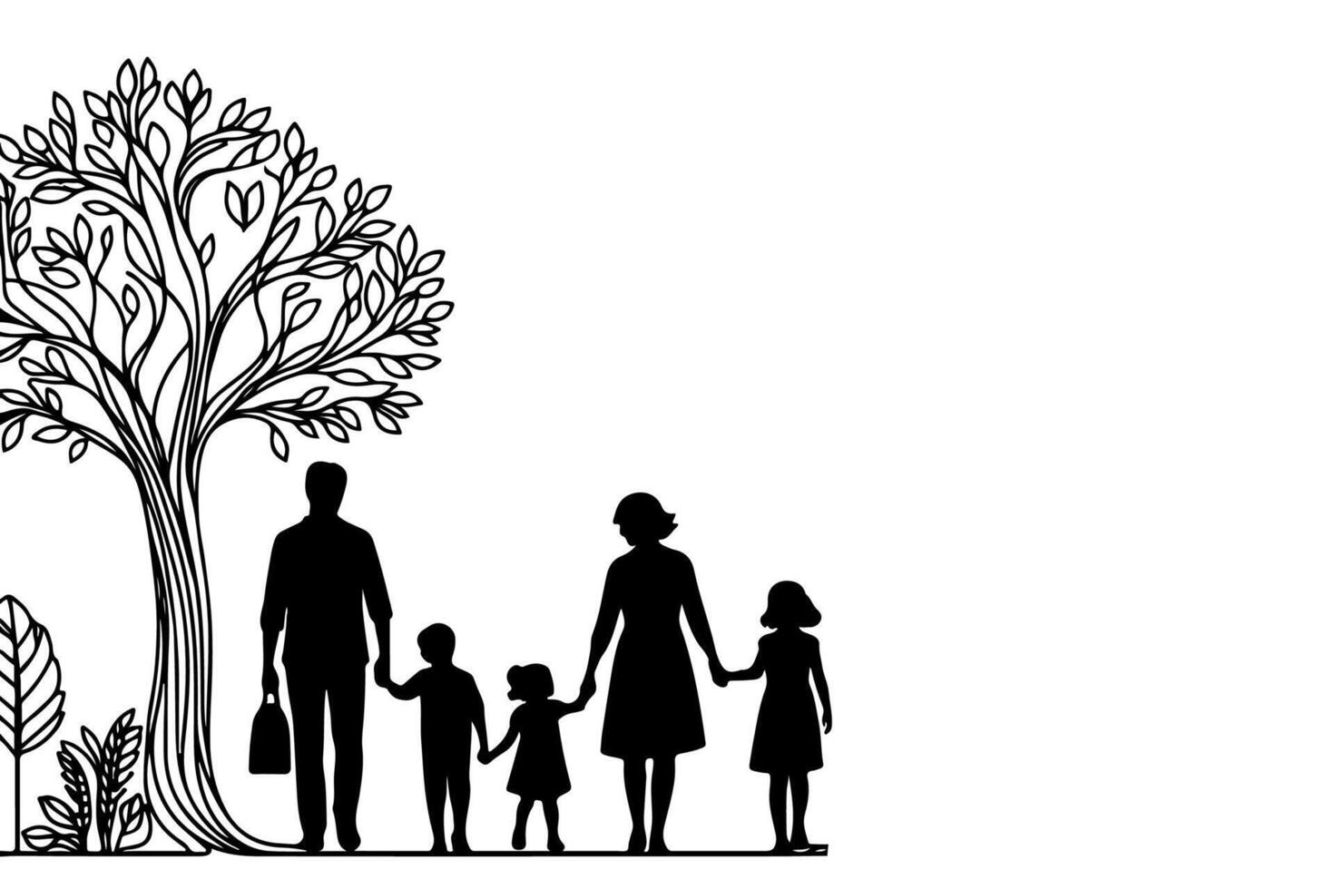 doorlopend een zwart lijn kunst tekening silhouetten van gelukkig familie Holding de handen met boom vector illustratie Aan wit achtergrond