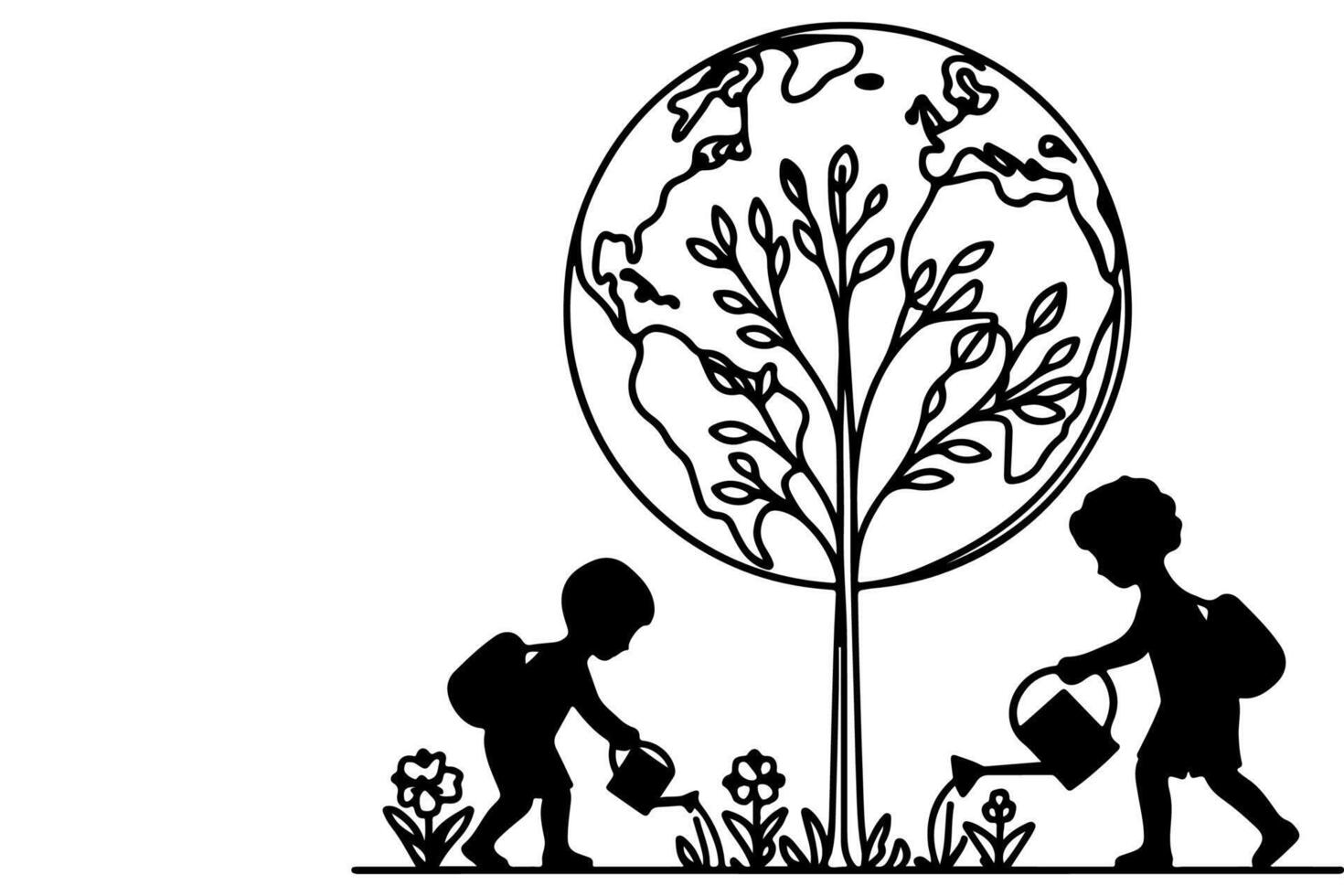 ai gegenereerd doorlopend een zwart lijn kunst tekening kinderen gieter een boom. aanplant boom naar opslaan de wereld en aarde dag verminderen globaal opwarming groei concept vector illustratie Aan wit achtergrond