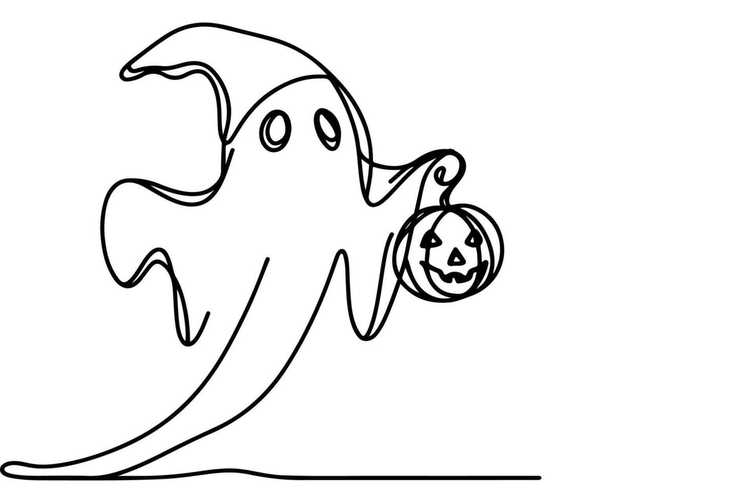 ai gegenereerd een doorlopend zwart lijn tekening van pompoen en geest halloween concept schets tekening vector illustratie Aan wit achtergrond