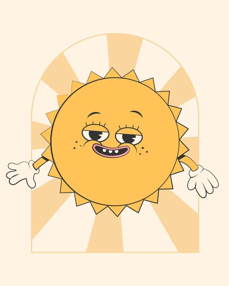 gelukkig schattig zon planeet karakter.eenvoudig retro tekenfilm mascotte voor poster, banier, grafisch print.y2k groovy zonnig dag, ecologie concept. vector illustratie eps 10