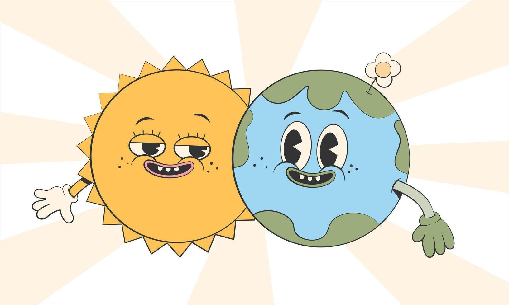 gelukkig schattig aarde en zon planeten karakters.eenvoudig retro tekenfilm mascotte voor poster, banier, grafisch print.y2k groovy aarde dag, opslaan groen planeet en ecologie concept. vector illustratie eps 10