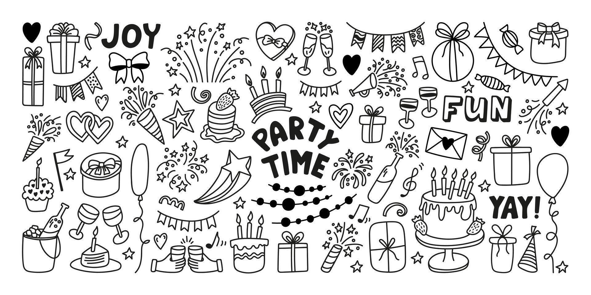 hand- getrokken partij tijd tekening set. viering tekening verzameling voor verjaardag of vakantie vector