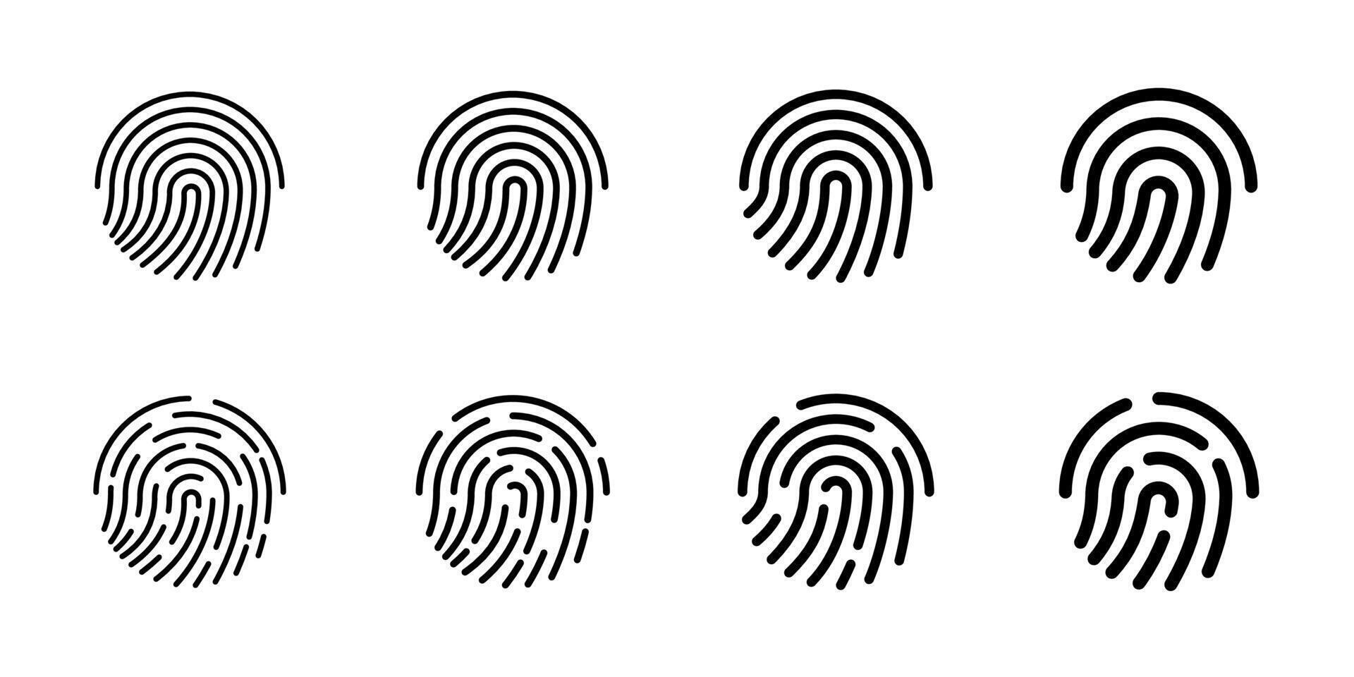 gebruiker vinger scannen icoon set. vingerafdruk tintje biometrisch ID kaart symbool verzameling. modern account vingerafdruk identificatie veiligheid teken. gebruiker herkenning scanner kenteken. zwart lineair geïsoleerd vector logo