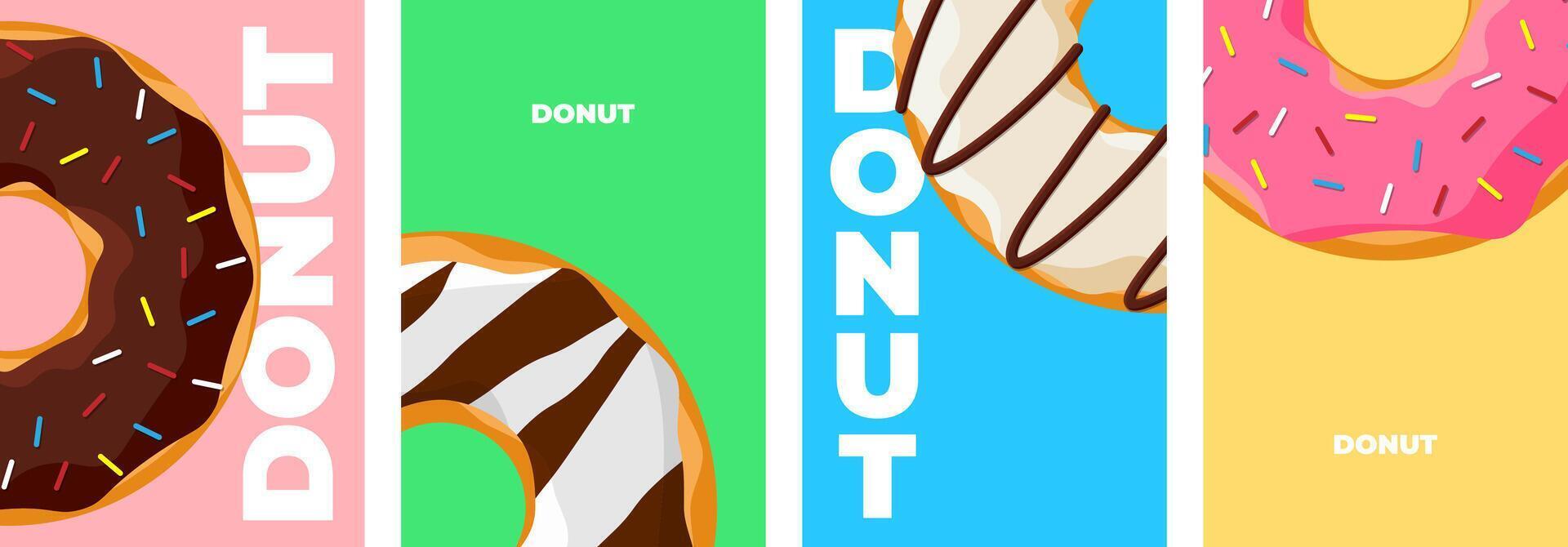 kleurrijk smakelijk donut poster ontwerp set. geglazuurd donuts banier verzameling voor cafe decoratie of reclame. zoet gebakken ringen Aan gekleurde achtergrond. vector eps tekening illustratie voor bakkerij