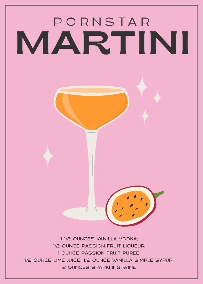 pornoster martini cocktail gegarneerd met passie fruit. klassiek alcoholisch drank recept modern muur kunst afdrukken. zomer aperitief poster. minimalistische modieus alcoholisch drankje. vector vlak illustratie.