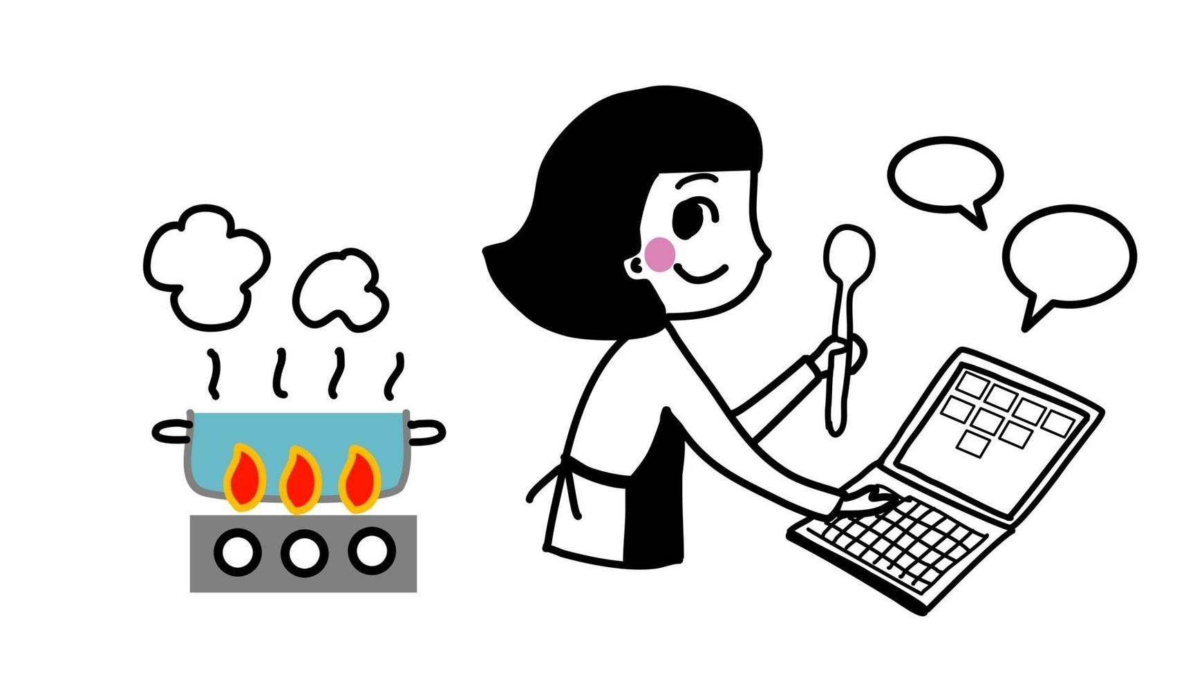 vrouw koken en werken in laptop nieuwe normale quarantaine handgetekende cartoon vector