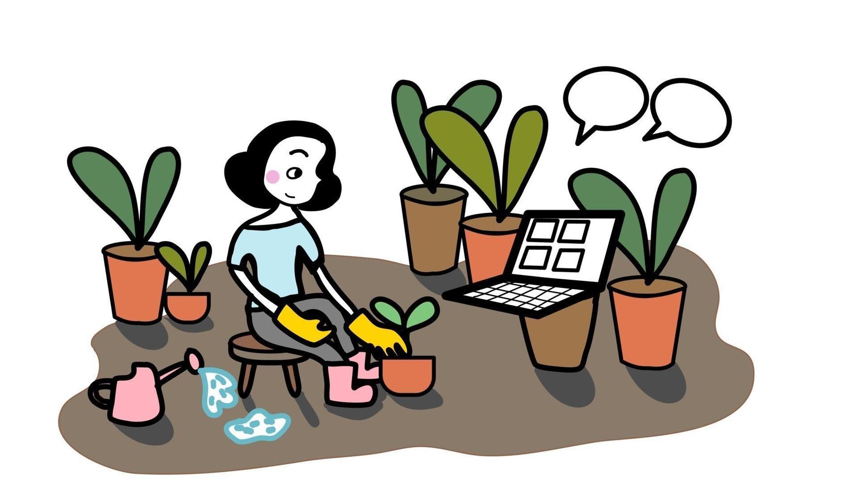tuinieren werk vanuit huis en planten online handgetekende cartoon vector