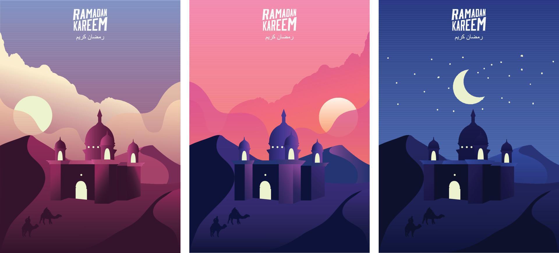 islamitische moskee in het woestijnzand bij zonsopgang, zonsondergang en nacht. ramadan kareem groet banners instellen sjabloon vectorillustratie. - vector