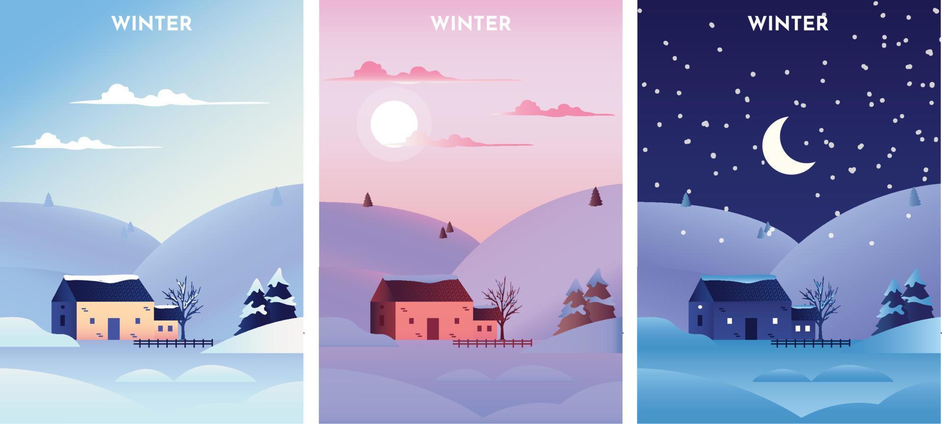 winterverkoop met landschap bij zonsopgang, zonsondergang en nacht. winterseizoen banners instellen sjabloon vectorillustratie. vector
