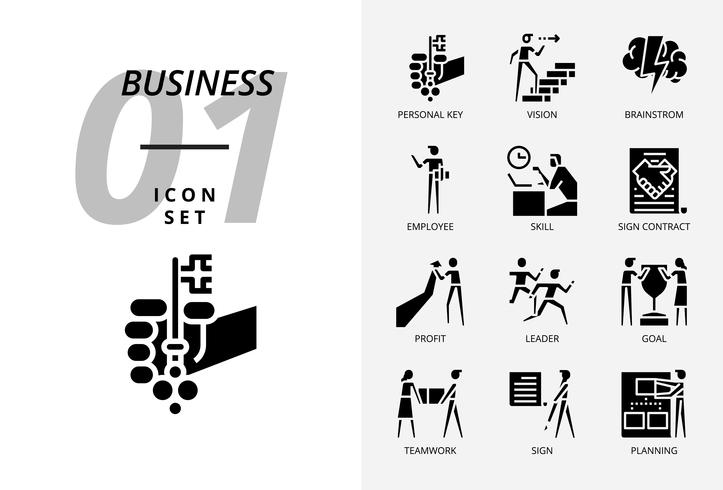 Icon pack voor business en strategie, persoonlijke sleutel, visie, brainstorm, werknemer, vaardigheid, contract ondertekenen, winst, leider, doel, teamwork, teken, planning. vector