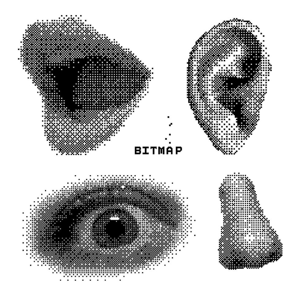 plein pixels y2k vrouw gezicht onderdelen - oog, oor , neus- en mond. reeks van modieus verschillend bitmap grafisch elementen. retro futuristische klem kunst vormen voor collage retro ontwerp. 8 beetje. illustratie. vector