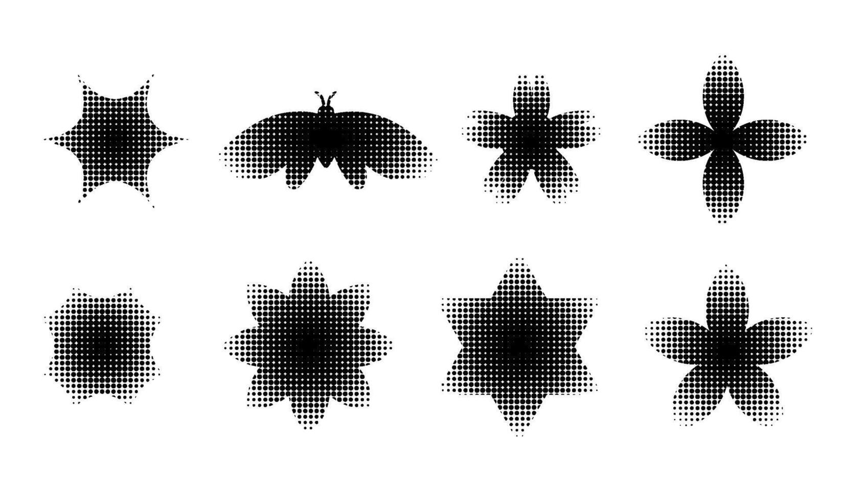 brutalisme vormen met stippel halftone effect, minimalistische meetkundig elementen set, abstract bauhaus vormen met schaduw verloop. gemakkelijk ster en bloem, eenvoudig het formulier, modieus grafisch element ontwerp vector