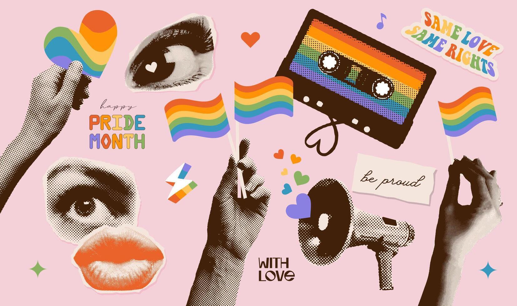 trots maand halftone collage papier stickers reeks in een hedendaags punk- grunge stijl. ogen, handen, lippen, megafoon en wijnoogst muziek- cassette. modieus nostalgisch verzameling voor lgbt trots maand. vector