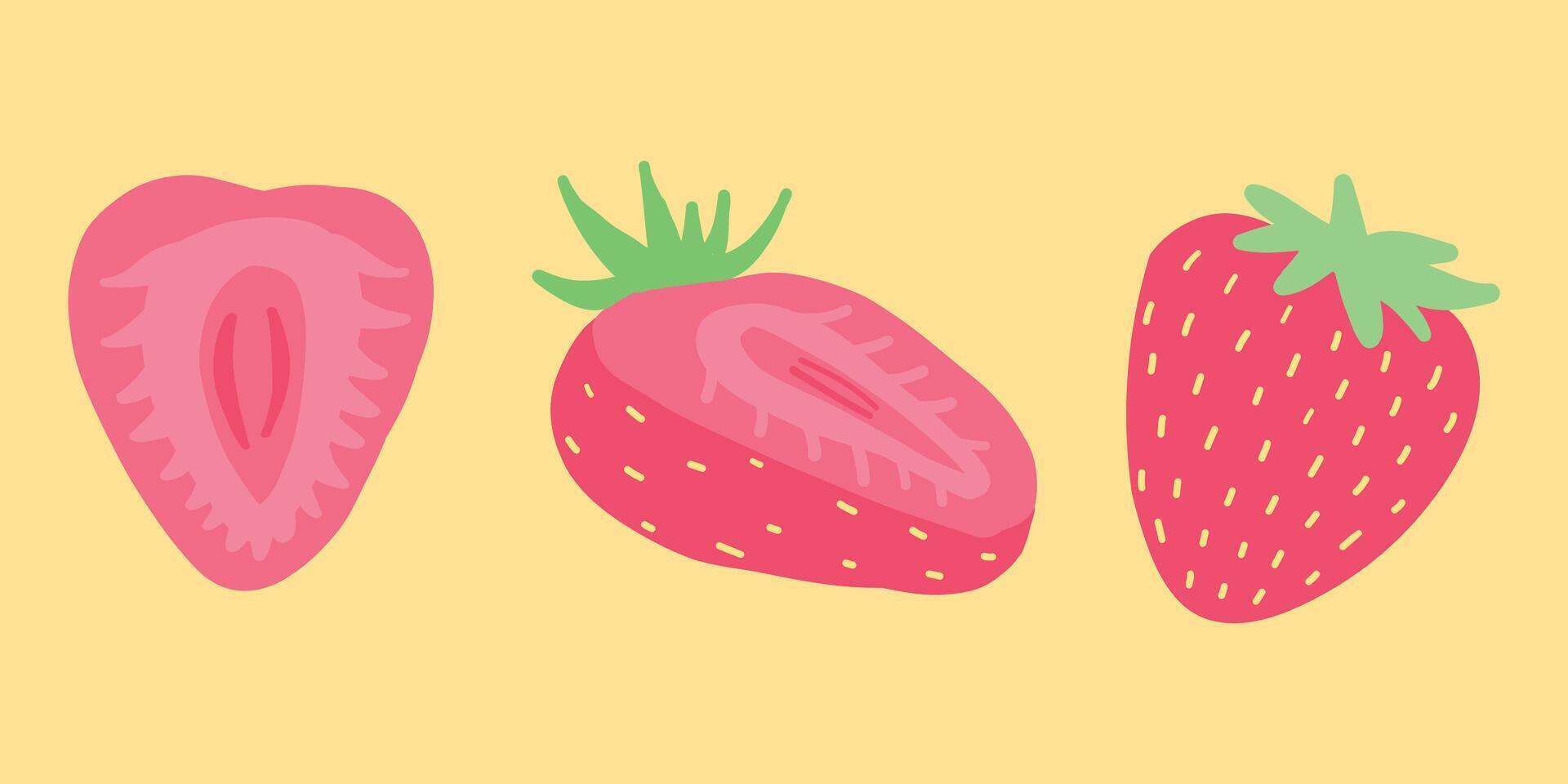 grillig illustratie van aardbeien in levendig roze en geel, presentatie van geheel en gehalveerd bessen in charmant vlak ontwerp stijl, perfect voor vers zomer thema's en gezond voedsel concept vector