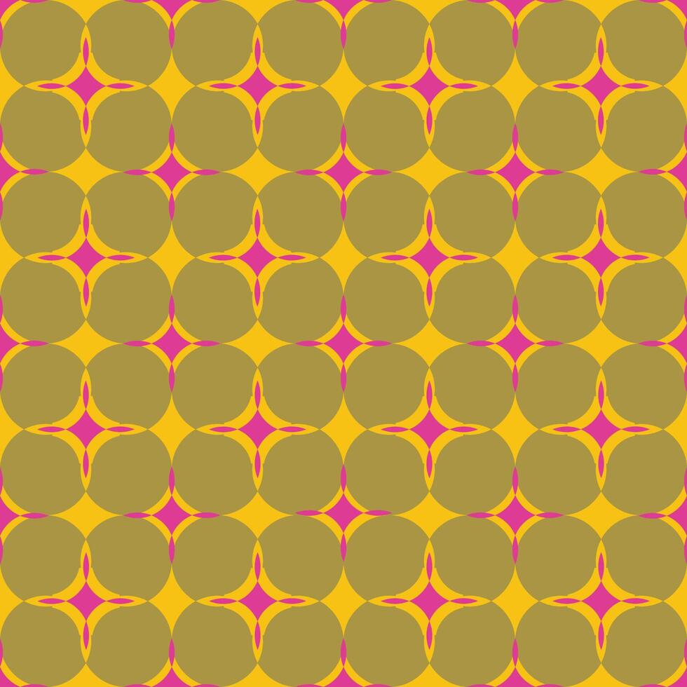, naadloos, geometrisch, klassiek, symmetrisch patroon van jaren 70 stijl. khaki cirkels en magenta ruit sterren Aan een geel achtergrond. vector