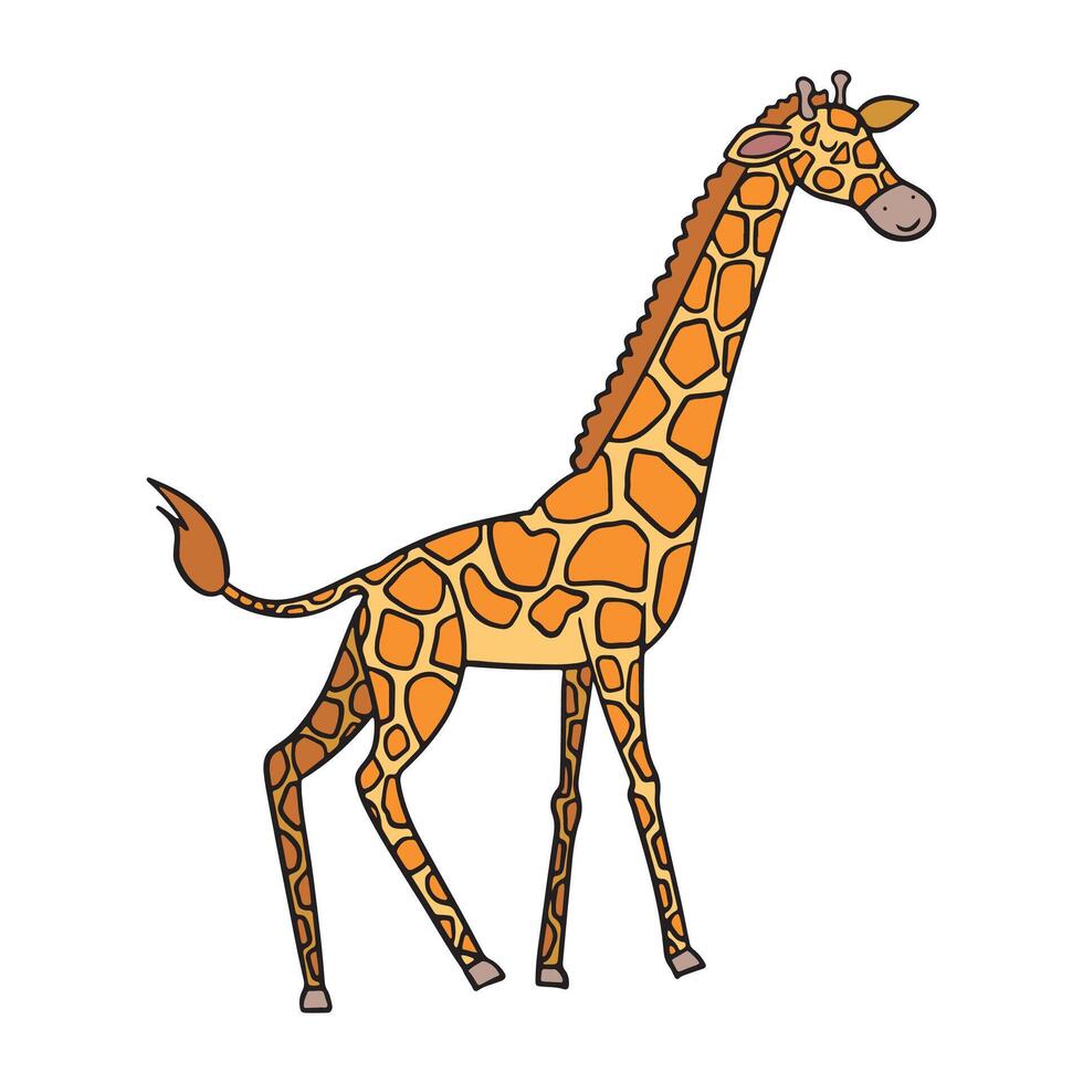 kleurrijk tekenfilm giraffe met speels vlekken, staand hoog, geïllustreerd in een vrolijk stijl ideaal voor kinderen leerzaam materialen en decor vector