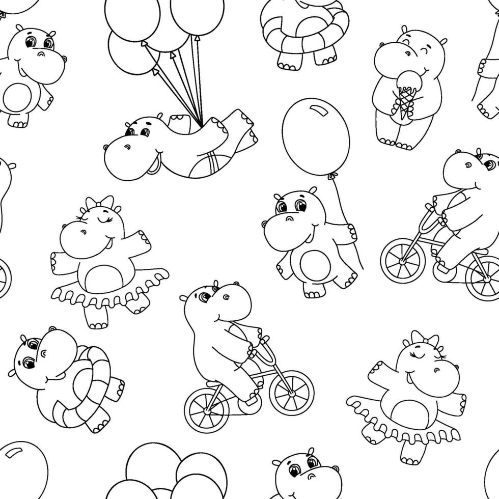 naadloos patroon met schattig weinig lijn nijlpaard. schets illustraties. grappig tekenfilm baby nijlpaard door fiets, met ballon en ijs room Aan wit achtergrond vector