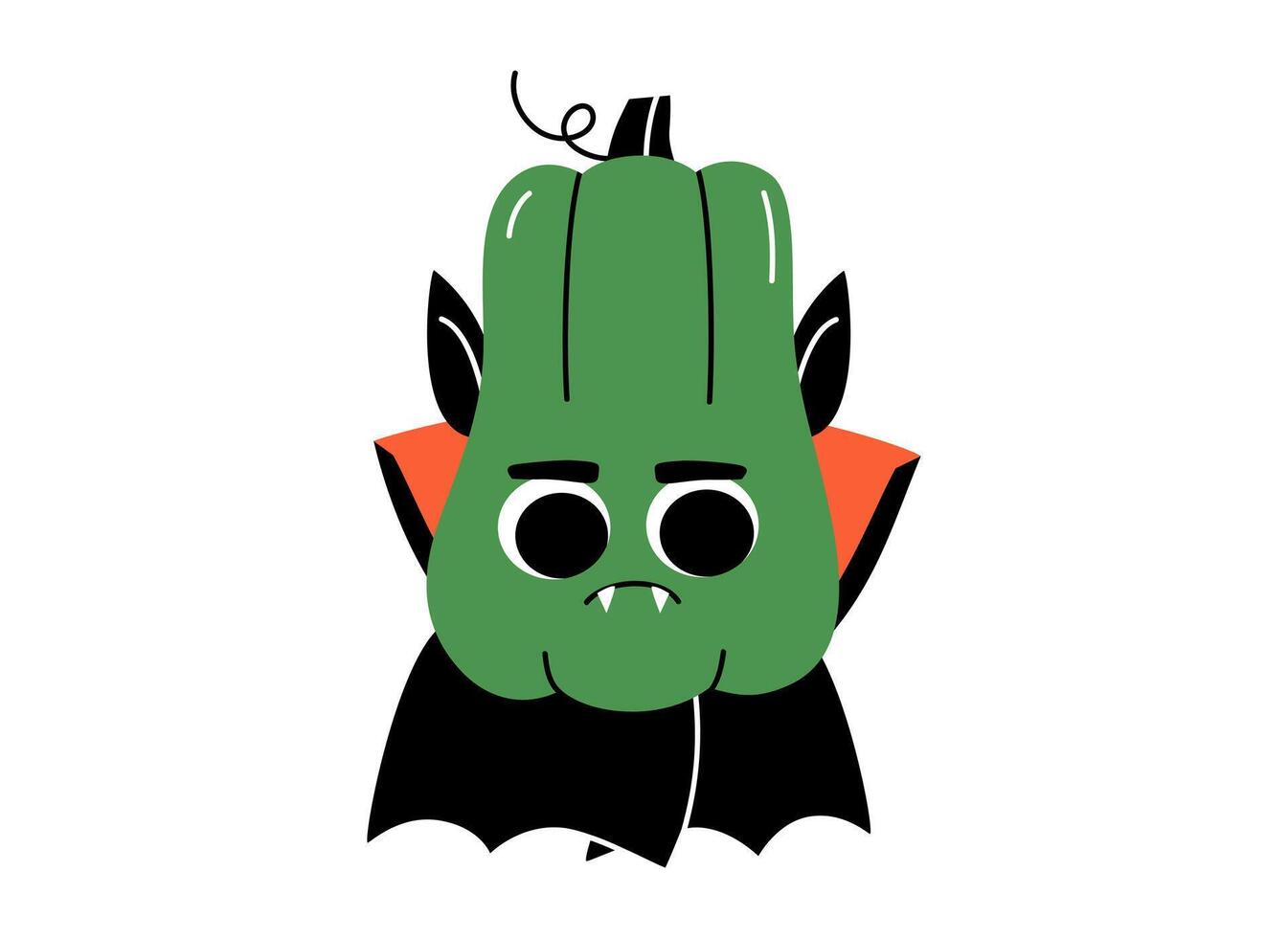 hand- getrokken schattig tekenfilm illustratie pompoen in vampier kostuum. vlak halloween en dankzegging sticker. geesten karakter in tekening stijl. herfst oogst mascotte met mantel en hoektanden. geïsoleerd. vector