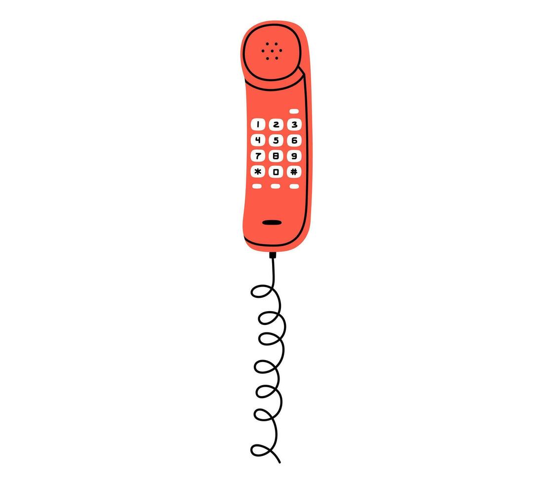 hand- getrokken schattig tekenfilm illustratie van telefoon handset met toetsen. vlak telefoon ontvanger sticker in gemakkelijk gekleurde tekening stijl. telefoontje apparaat icoon of afdrukken. geïsoleerd Aan wit achtergrond. vector