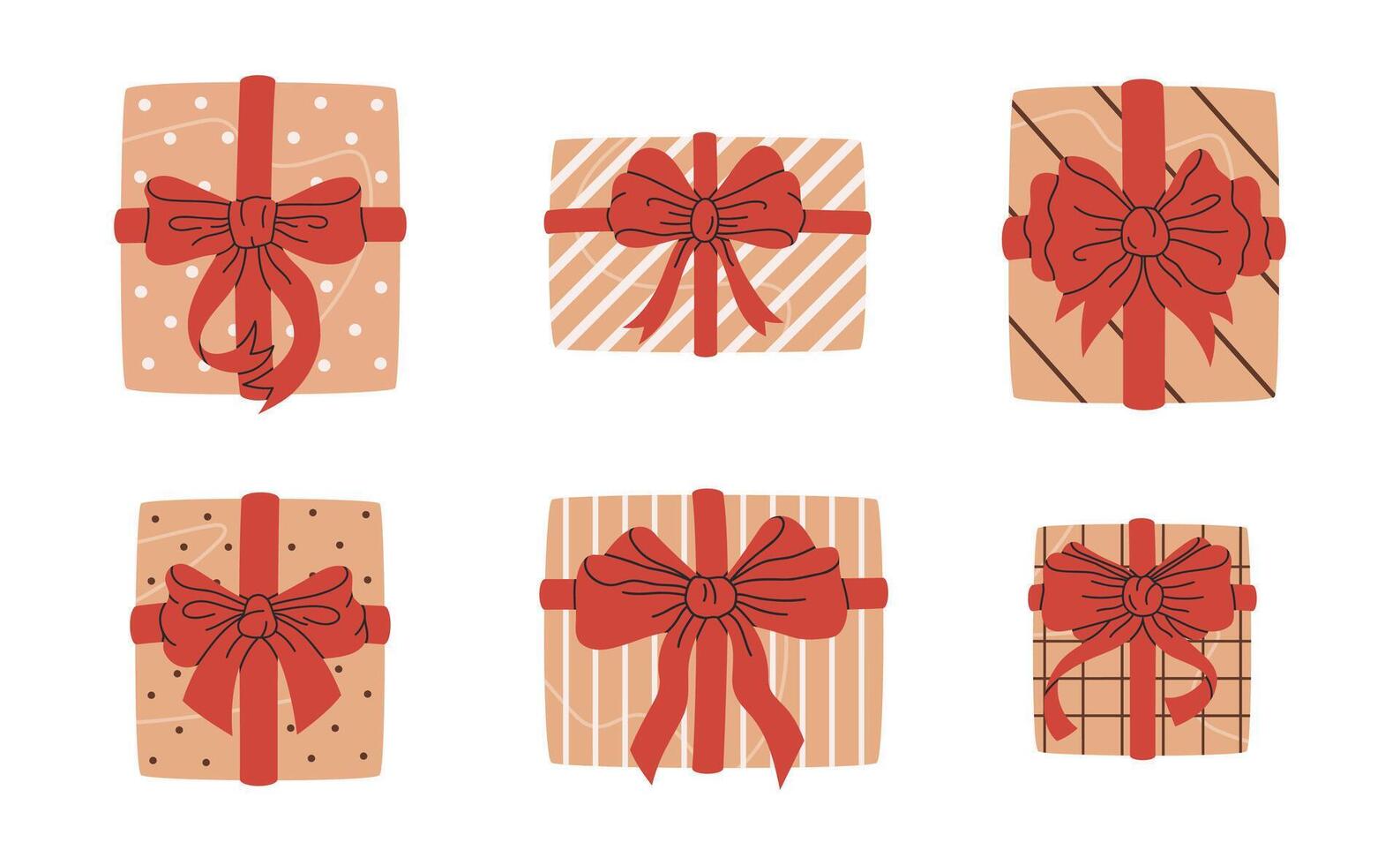 verjaardag Cadeau dozen. hand- getrokken geschenk dozen met rood zijde bogen, verpakt Kerstmis geschenk dozen top visie vlak illustratie set. vakantie geschenk dozen Aan wit vector