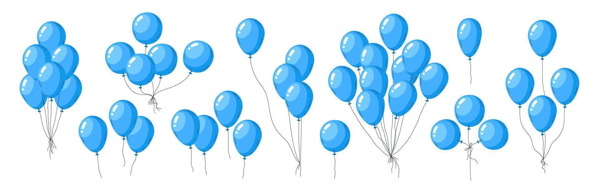 blauw helium ballonnen. drijvend ballon trossen, blauw glanzend lucht ballonnen verjaardag partij decoraties vlak illustratie set. vliegend ballonnen verzameling vector