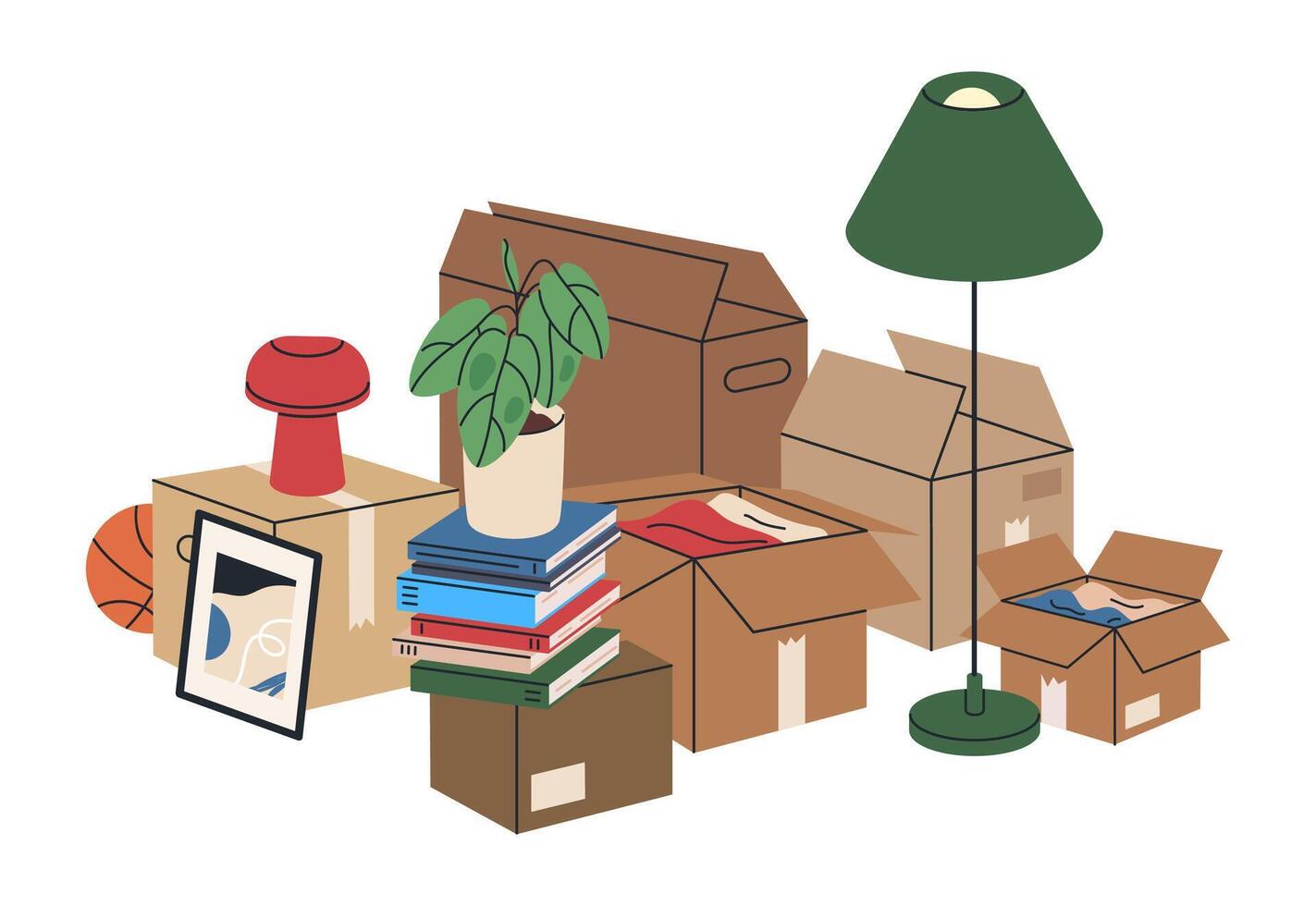 karton in beweging dozen. nieuw huis dozen met persoonlijk spullen, karton dozen met pot plant, boeken en lamp vlak illustratie. in beweging doos met dingen vector