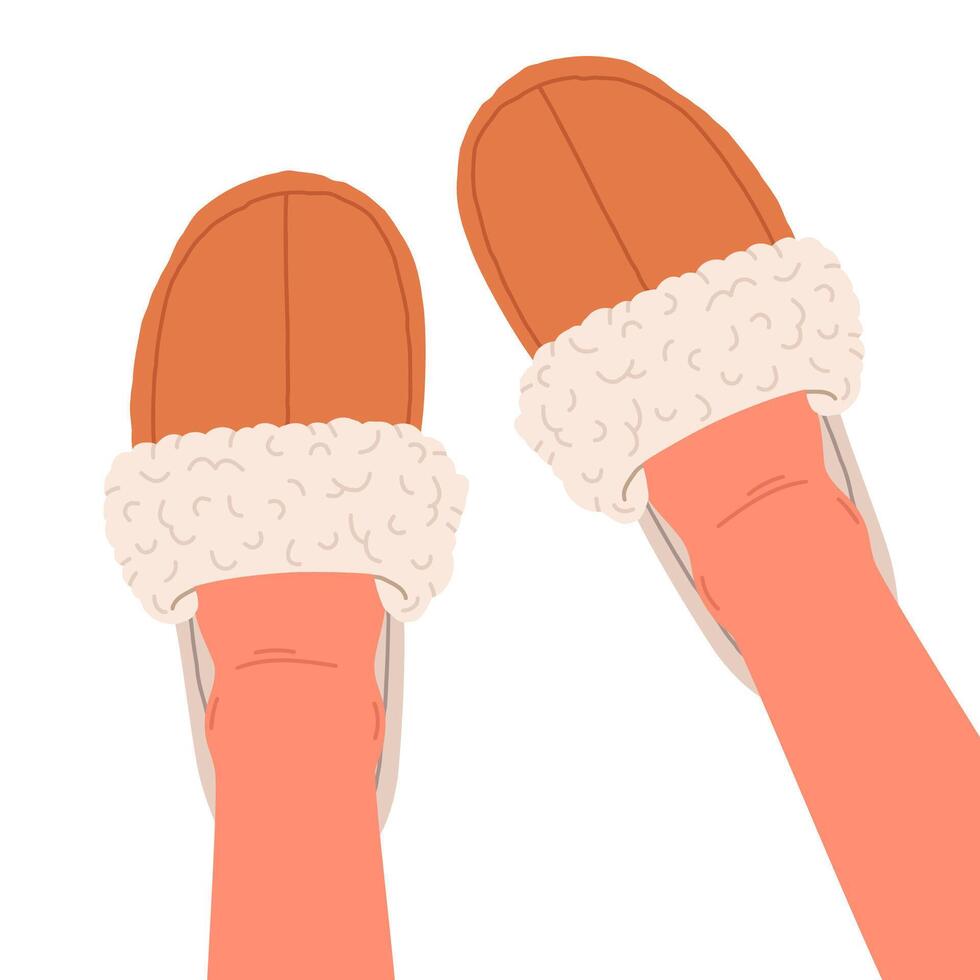 voeten vervelend huis schoenen. vrouw voeten in warm en comfortabel huiselijk slippers, knus schapenvacht binnen- schoenen vlak illustratie. schattig huis schoenen Aan voeten vector