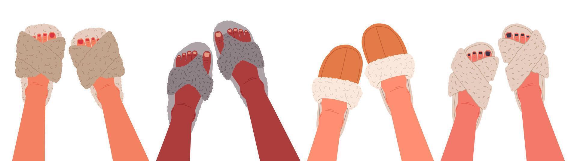 vrouw voeten in huiselijk slippers. voeten vervelend warm en comfortabel schoenen, knus binnen- schoenen vlak illustratie set. huis schoenen Aan Dames voeten vector