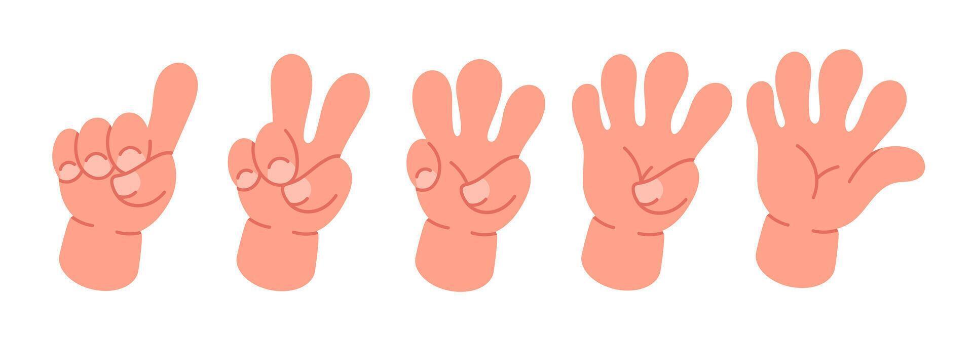 tellen grappig handen. tekenfilm grappig gehandschoende handen, tellen van een naar vijf, tekening schattig hand- palmen vlak illustratie set. grappig boek handen tellen vector