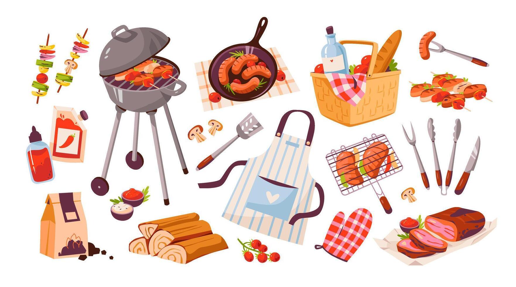 bbq set. barbecue picknick met gegrild vlees, worstjes en groenten. gegrild voedsel voor somme feest. illustratie vector