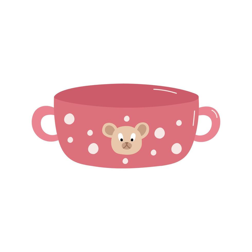 kinderen roze polka punt bord met beer gezicht. kinderen servies. illustratie. vector