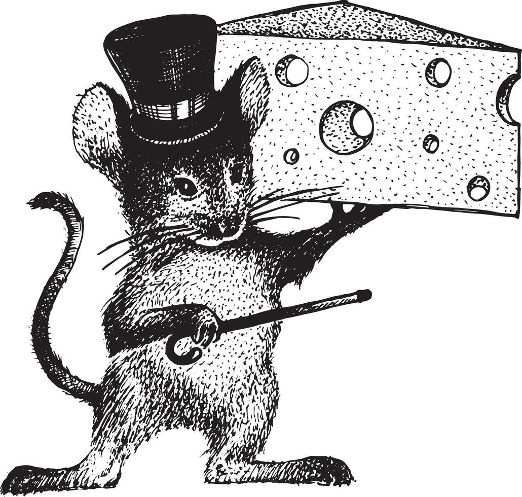 een muis in een top hoed en Holding een stuk van kaas met een riet. zwart en wit tekening. retro tekening, wijnoogst grafiek vector