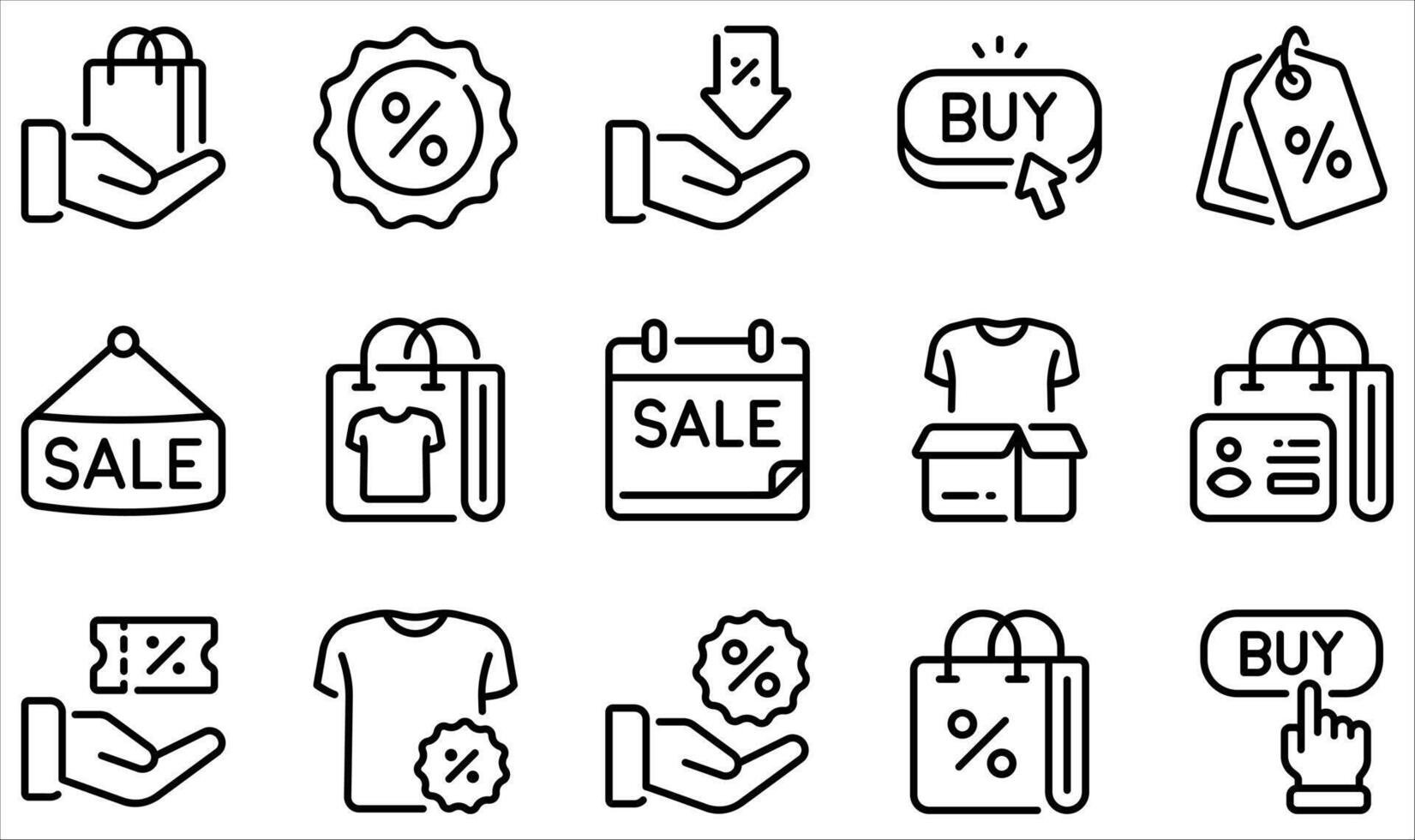 reeks van pictogrammen verwant naar verkoop en korting. bevat zo pictogrammen net zo boodschappen doen tas, korting, label prijs, verkoop, kopen, laag prijs en meer. vector