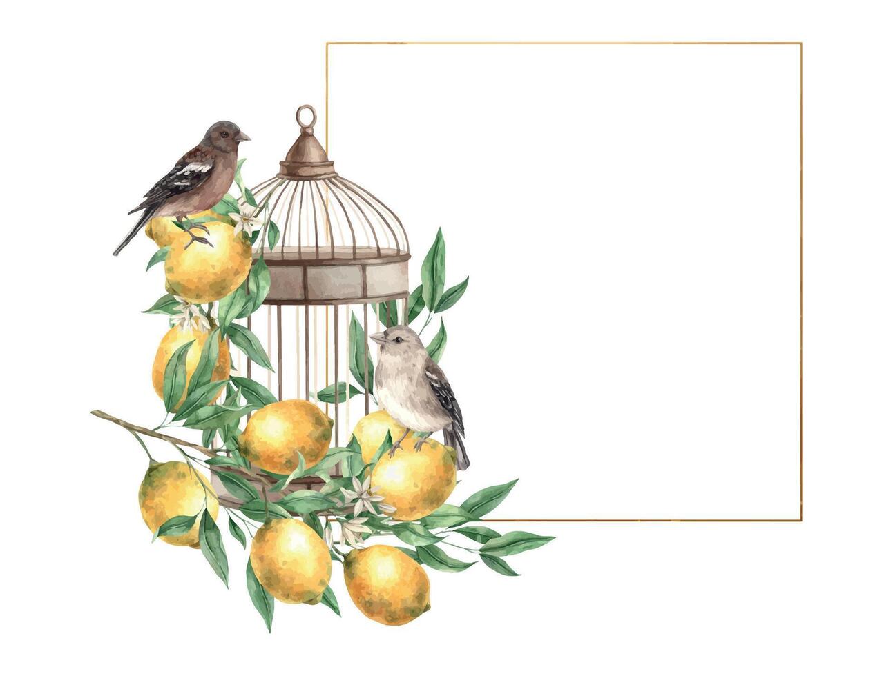 bronzen kooi met een Afdeling van geel citroenen met groen bladeren en realistisch vogels. waterverf goud kader in wijnoogst stijl. getrokken voor decoratie van kaarten, bruiloft ontwerp, uitnodigingen, verpakking. vector