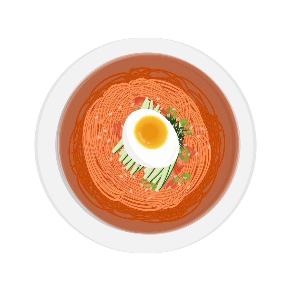 illustratie logo top visie Bibim guksu Koreaans pittig verkoudheid noedels vector