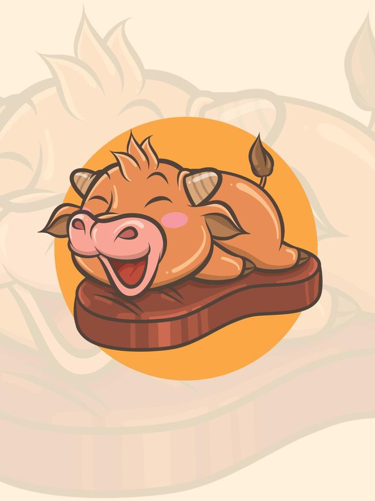 schattige koe op een gegrild rundvlees - mascotte en logo illustratie vector