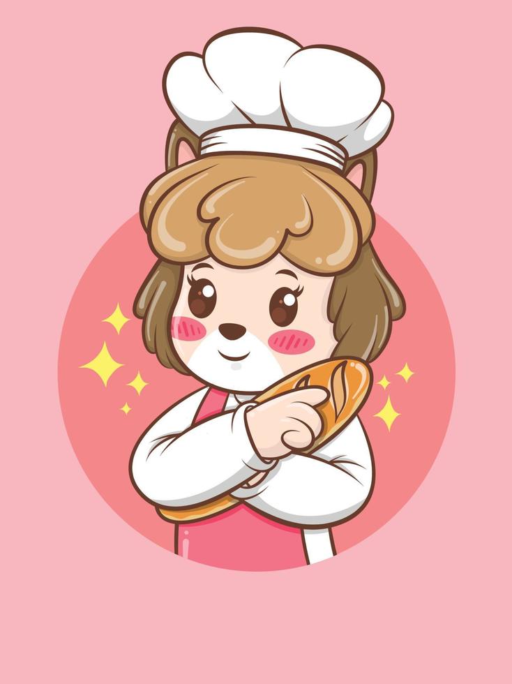leuke vrouwelijke hondenchef-kok die een brood koestert. bakkerij chef-kok concept. stripfiguur en mascotte illustratie. vector