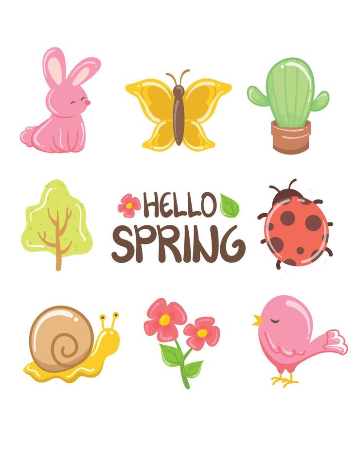 mooie lente element stripfiguur en illustratie kaart. hallo lenteconcept. vector