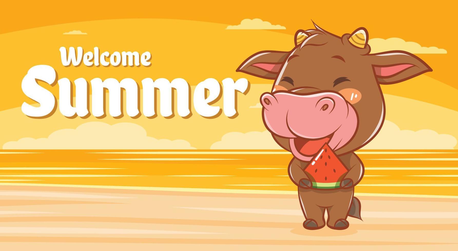 schattige koe met een zomerse groetbanner. vector