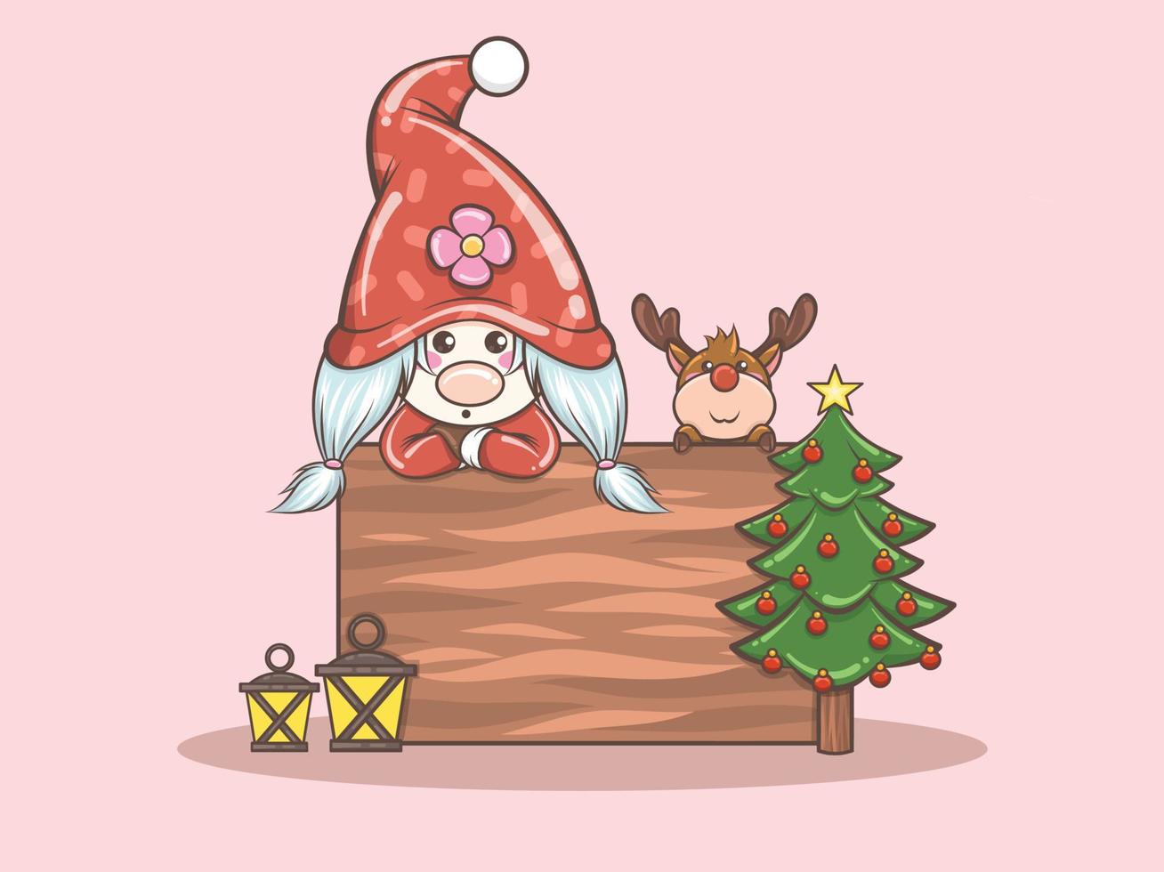 schattig kaboutermeisje met herten vrolijke kerstmisillustratie vector