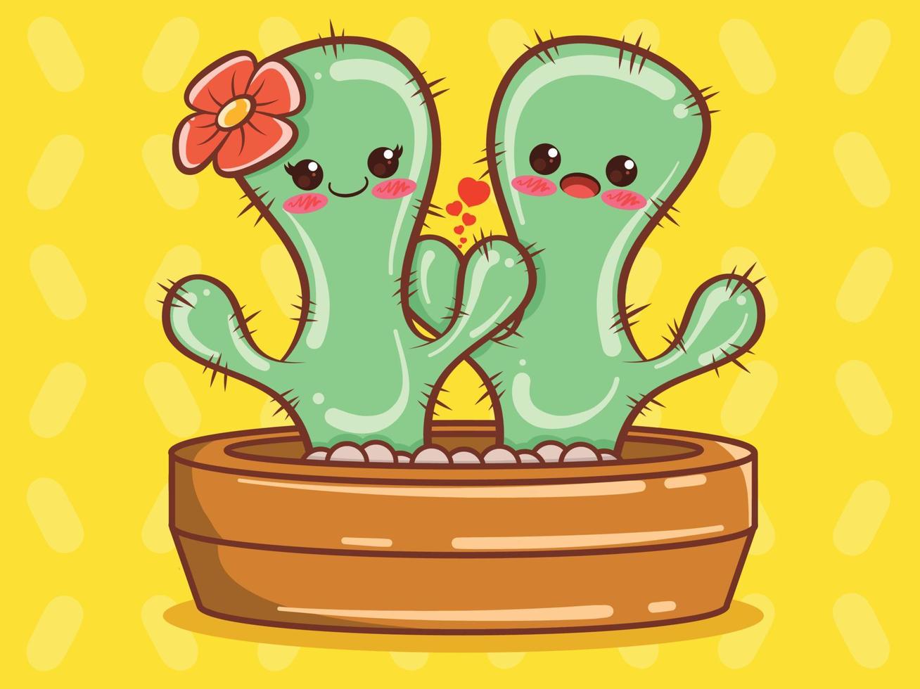 schattige cactus paar stripfiguur en illustratie. vector