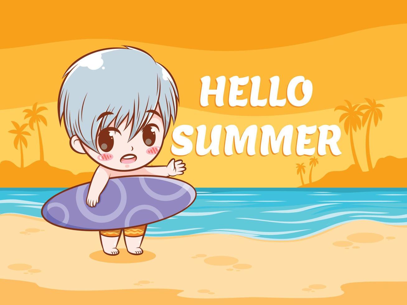 een schattige jongen zegt hallo zomer. zomer groet concept illustratie. vector