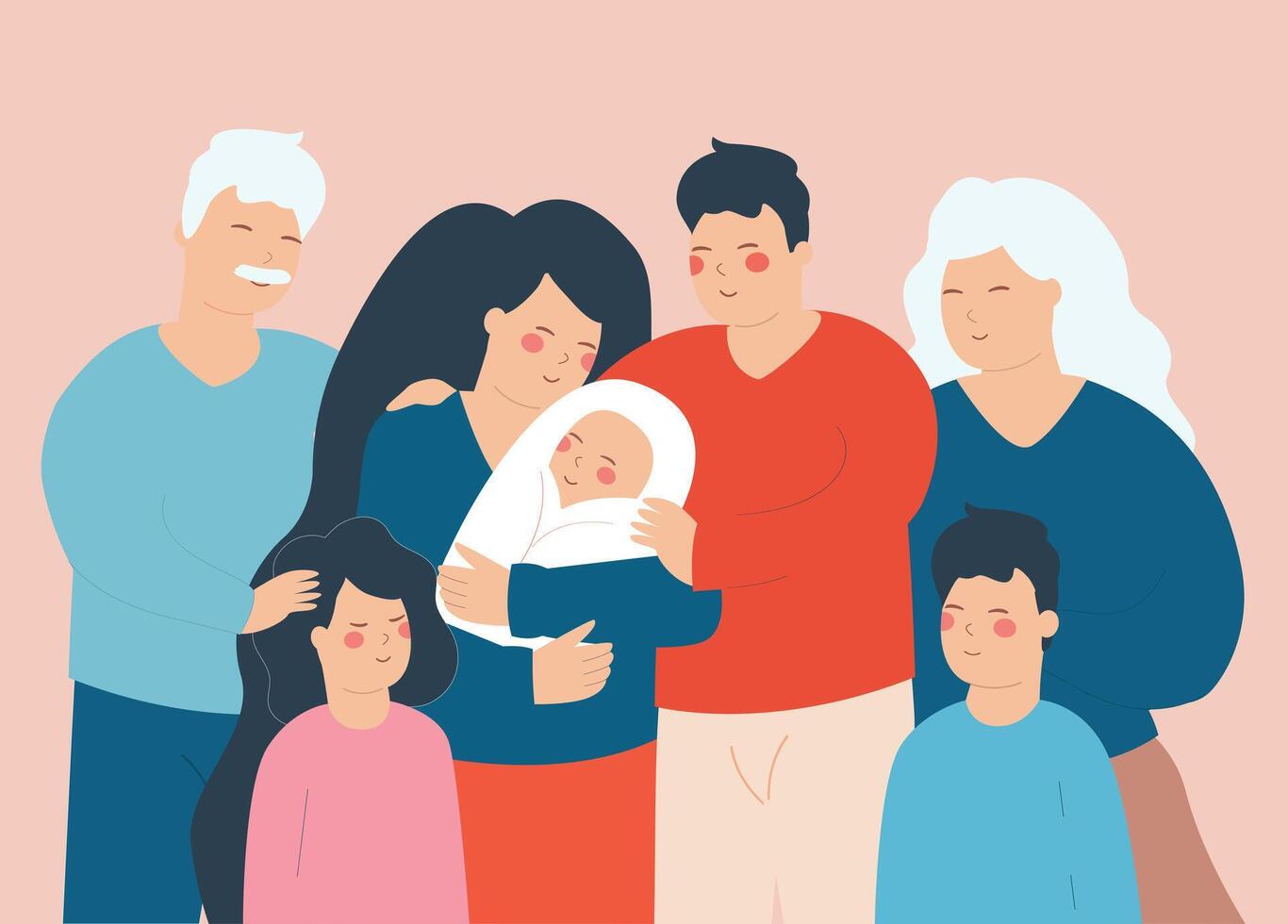 portret van gelukkig groot familie samengesteld van grootouders, ouders, kinderen en een baby. drie generaties stellage, nemen een afbeelding, en omhelzing samen. concept van familie verbinding. illustratie vector