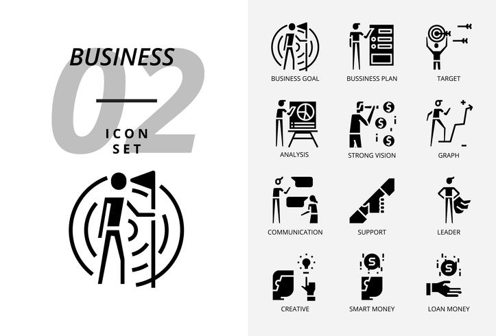 Icon pack voor business en strategie, bedrijfsdoelstelling, bedrijfsplan, doelwit, analist, sterke visie, grafiek, communicatie, ondersteuning, leider, creatief, slim geld, leninggeld. vector