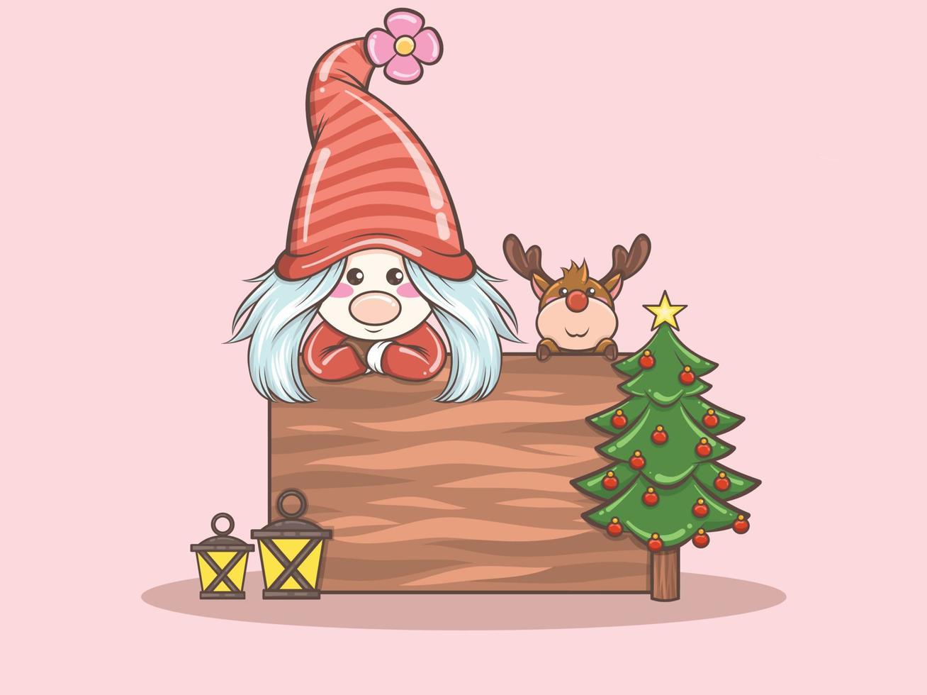 schattig kaboutermeisje met herten vrolijke kerstmisillustratie vector